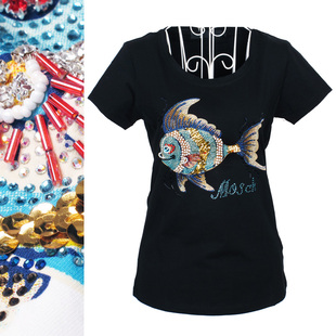2014夏季女装手工镶钻钉珠，炫色七彩鱼修身圆领，短袖t恤女