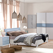 现代床蓝白烤漆双人床 1.5米1.8米板式床 高箱储物床实木床板床