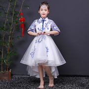 女童礼服中袖青花瓷中国风，古筝乐器旗袍，演出服小主持人生日公主裙