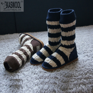 秋冬5822羊毛线编织靴子，高筒靴长筒女靴，平底大码靴双色线