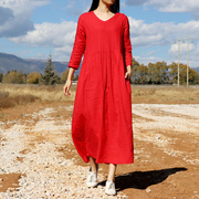 长袖红色棉麻连衣裙，女宽松大码气质白色，亚麻长裙复古袍子旅行文艺