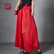 派对天使夏季苎麻复古气质红色，大摆长裙民族风，a字伞裙半身裙