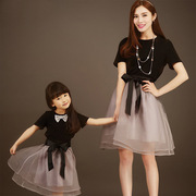 夏装亲子装母女裙装，韩版时尚短袖t恤网纱裙，套装女童公主裙蓬蓬裙