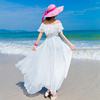 夏女海边度假裙沙滩裙，抹胸雪纺晚会礼服，连衣裙一字领露肩白色长裙