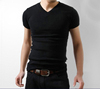 夏季v领男士短袖t恤纯棉，修身型纯色紧身弹力，打底衫2024韩版体恤