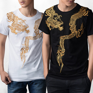 中国风龙袍刺绣男装刺青，纹身短袖民族风，t恤大码中年圆领潮牌半袖