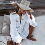 白色喇叭长袖衬衫海边度假防晒镂空开衫，比基尼罩衫泳衣外套沙滩裙