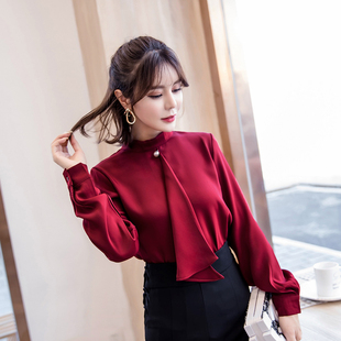 女装2021春装韩版气质，珍珠飘带立领雪纺，衫长袖酒红色衬衫上衣