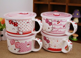 hellokitty陶瓷泡面碗 真空盖卡通KT猫保鲜碗 凯蒂猫汤碗机器猫碗