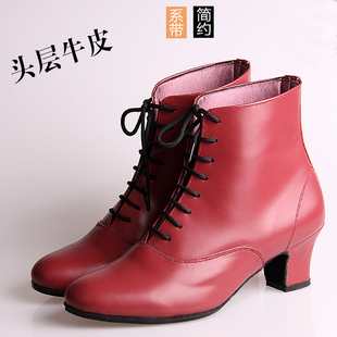 酒红色牛皮日系 vintage复古手工女鞋森女系带短靴中跟真皮鞋踝靴