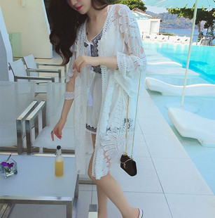 度假纯棉白色蕾丝镂空开衫性感沙滩比基尼罩衫泳衣外搭罩衣中长裙