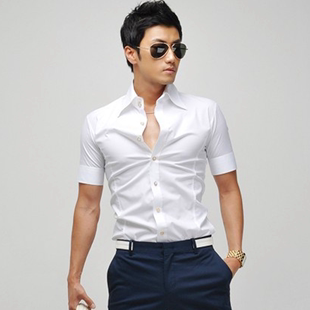 韩版修身纯色短袖衬衫男时尚，收腰小高领，夏季白色商务休闲免烫衬衣