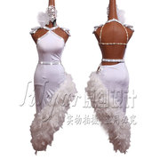 拉丁舞服装演出服比赛服表演服高档白色羽毛钻饰中式领斜裙