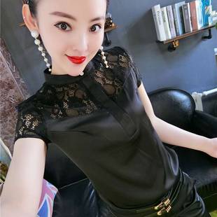 短袖衬衫女2024年春季韩版时尚拼接镂空蕾丝，雪纺上衣立领衬衣
