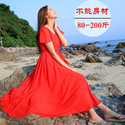 波西米亚沙滩裙长裙大码v领显瘦海边度假裙红色雪纺连衣裙夏