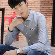 春季青年韩版时尚长袖衬衣男士，潮印花流行寸衫学生休闲修身衬衫