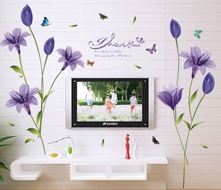 紫色玫瑰花语卧室客厅电视背景餐厅花卉装饰墙纸贴画可移除墙贴画