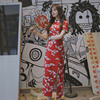 Fukcup浮夸独家设计 红色樱花夏季短袖长款前开叉旗袍式连衣裙