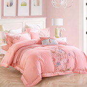 新中式床品纯棉四件套白色粉色床单式，4件套刺绣，被套结婚庆床上促