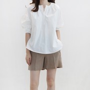 C43韩国女装新2024简约宽松纯色五分袖半开领夏女衬衫上衣棉通勤