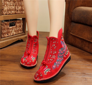 老北京布鞋女红色平底软底舒适凤凰刺绣，新娘鞋短靴，高帮单鞋子(单鞋子)