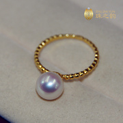 日本akoya天女海水珍珠戒指18k金厚版麻花正圆极光简约小灯泡