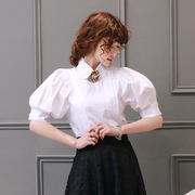 韩版复古短袖宫廷风灯笼袖纯色，薄款白色衬衫，女设计感气质上衣