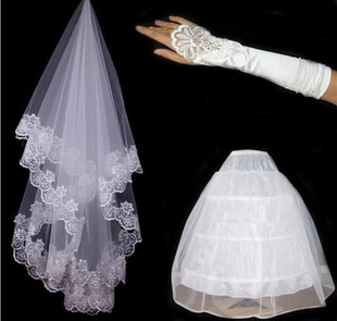 新娘婚纱配饰加纱裙，撑五指绣花手套蕾丝，花边头纱三件套