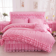 韩版公主纯色蕾丝床裙床罩式，四件套磨毛花边，被套床套多件1.51.8m