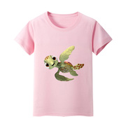 粉红色童装海底总动员 小海龟图案女童纯棉T恤男儿童短袖上衣纯色