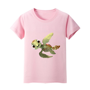 粉红色童装海底总动员小海龟图案女童纯棉t恤男儿童短袖上衣纯色