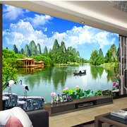 新中式风景墙纸18d电视，背景墙国画山水墙布客厅，影视装饰壁画定制