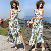 泰国巴厘岛海边度假沙滩裙露背吊带连衣裙中长款碎花波西米亚裙子