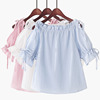 夏季韩版一字领泡泡短袖纯色，甜美露肩蝴蝶结，系带娃娃雪纺衫