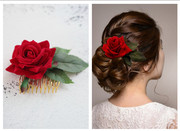 大红玫瑰花朵绿叶发梳盘发配饰发叉发饰新娘结婚饰品发型头饰