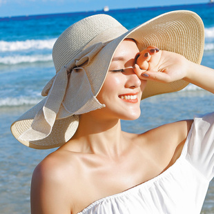 帽子出游夏季遮草帽可折叠沙滩帽女大沿帽海滩度假旅游太阳帽