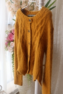 姜黄色(姜黄色)格菱加厚粗线编织超柔软高品质，开衫显瘦毛衣安哥拉兔毛