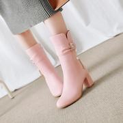 秋冬款女鞋粉红色靴白色鞋子粗跟高跟中筒靴小码女靴大码靴子 XTY