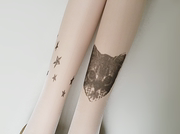 日系纹身丝袜可爱萌猫咪，星星印花丝袜，连裤袜超薄肤色打底裤袜子