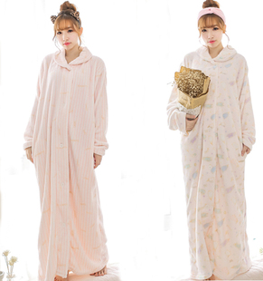 法兰绒睡袍女可爱秋冬季女生加长款，加厚珊瑚绒睡裙长袖浴袍睡衣