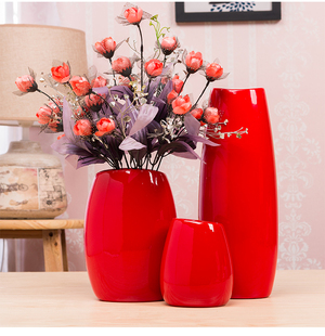 椭圆红色花瓶陶瓷花瓶，三件套玄关装饰喜庆婚礼，中国红落地花瓶