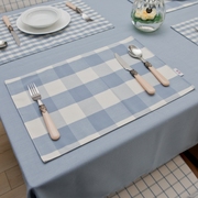 地中海桌布布艺餐垫杯垫浅蓝大小格子时尚餐桌垫布艺双层餐垫碗垫