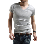 夏装男士半袖健身衣服纯灰色短袖打底衫V低领大码紧身T恤棉质体恤