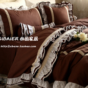 韩式欧式复古纯咖色蕾丝荷叶边纯棉，全棉床裙款床上用品被套四件套