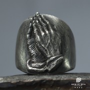 白木黑冰原创设计手工，银饰祈祷之手戒指，925银男女戒指复古指环