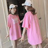 韩版夏装宽松中长款粉色短袖t恤裙女纯棉字母印花学生大码体恤潮