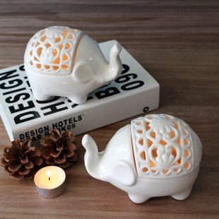 zakka镂空陶瓷大象香薰蜡烛烛台摆件白色小象现代家居饰品