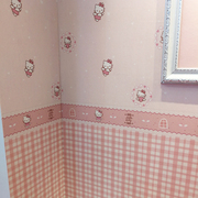 粉色卡通HelloKitty猫咪腰线格子壁布公主房女儿房女孩房卧室墙布